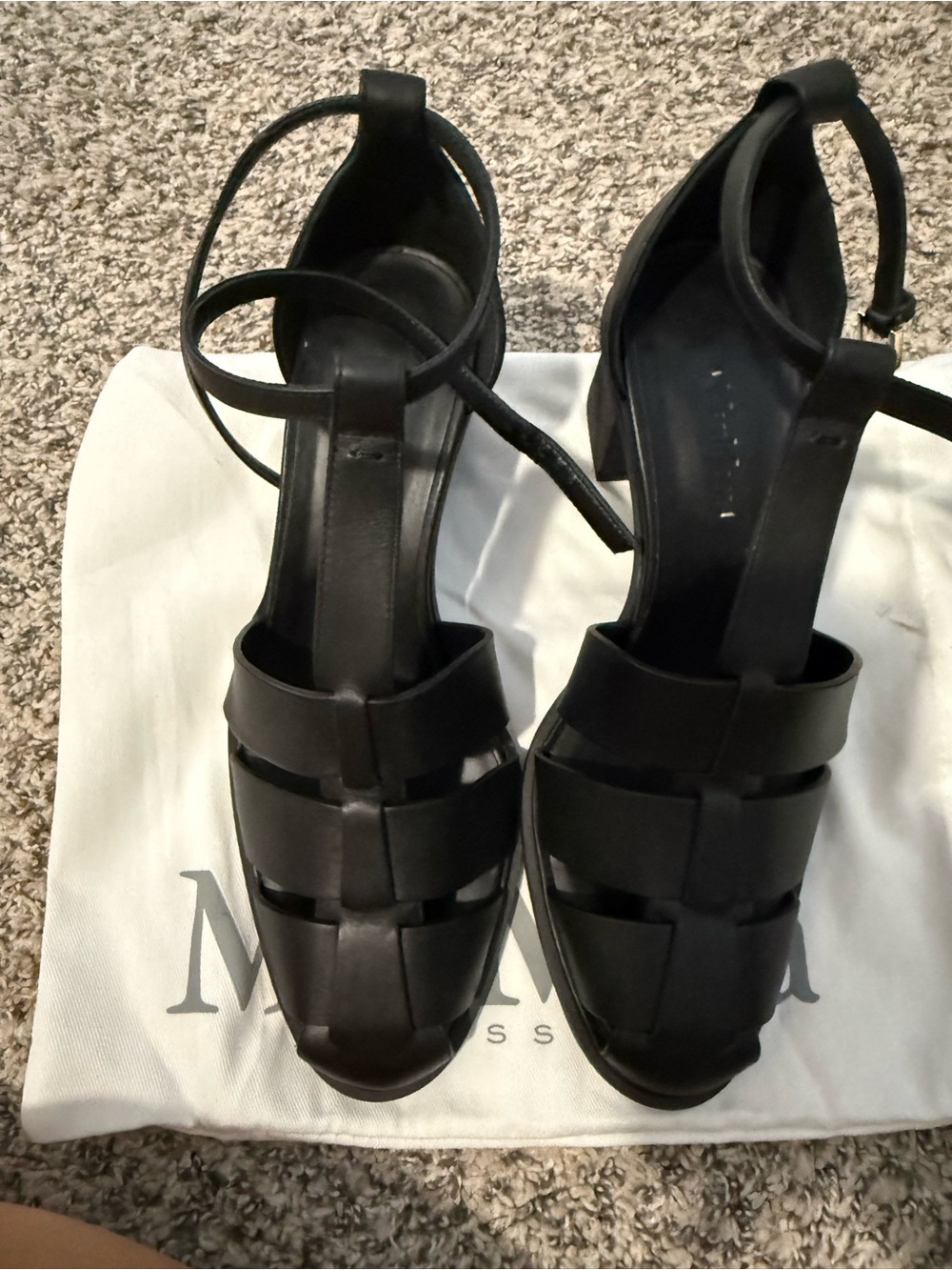 MaxMara Black Leather Strappy Block Heel Sandals